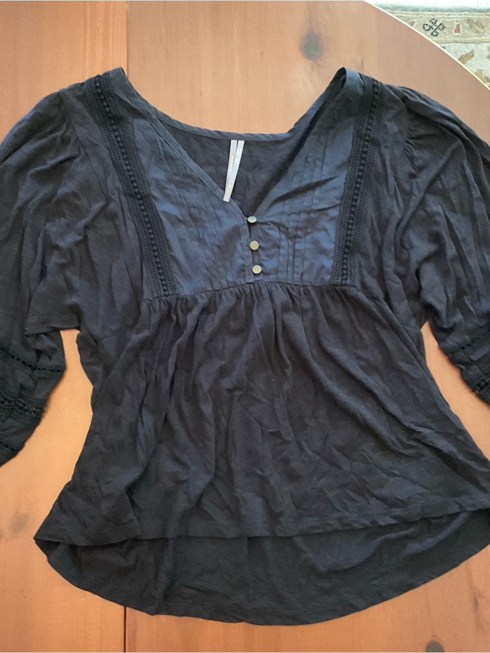 Anthropologie Black V-Neck Peasant Blouse with Button Detail